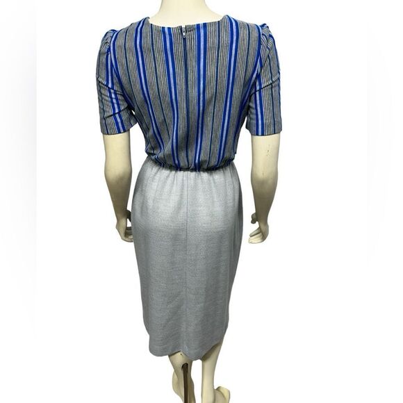 Vintage Leslie Fay Blue Gray Striped Short Sleeve Midi Dress Blouson Stretch - Picture 5 of 14